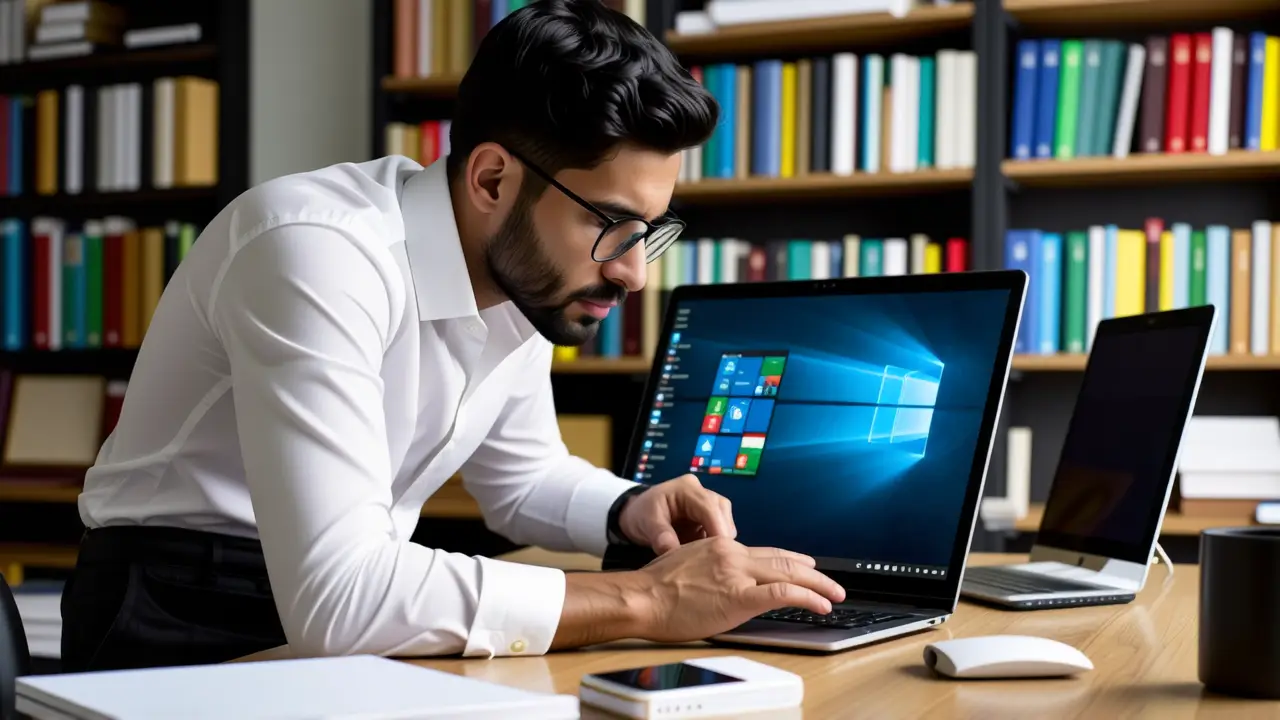 Cambiar Escritorio Windows 11: Guía Completa 1 Un hombre moderno mira el portátil con atención