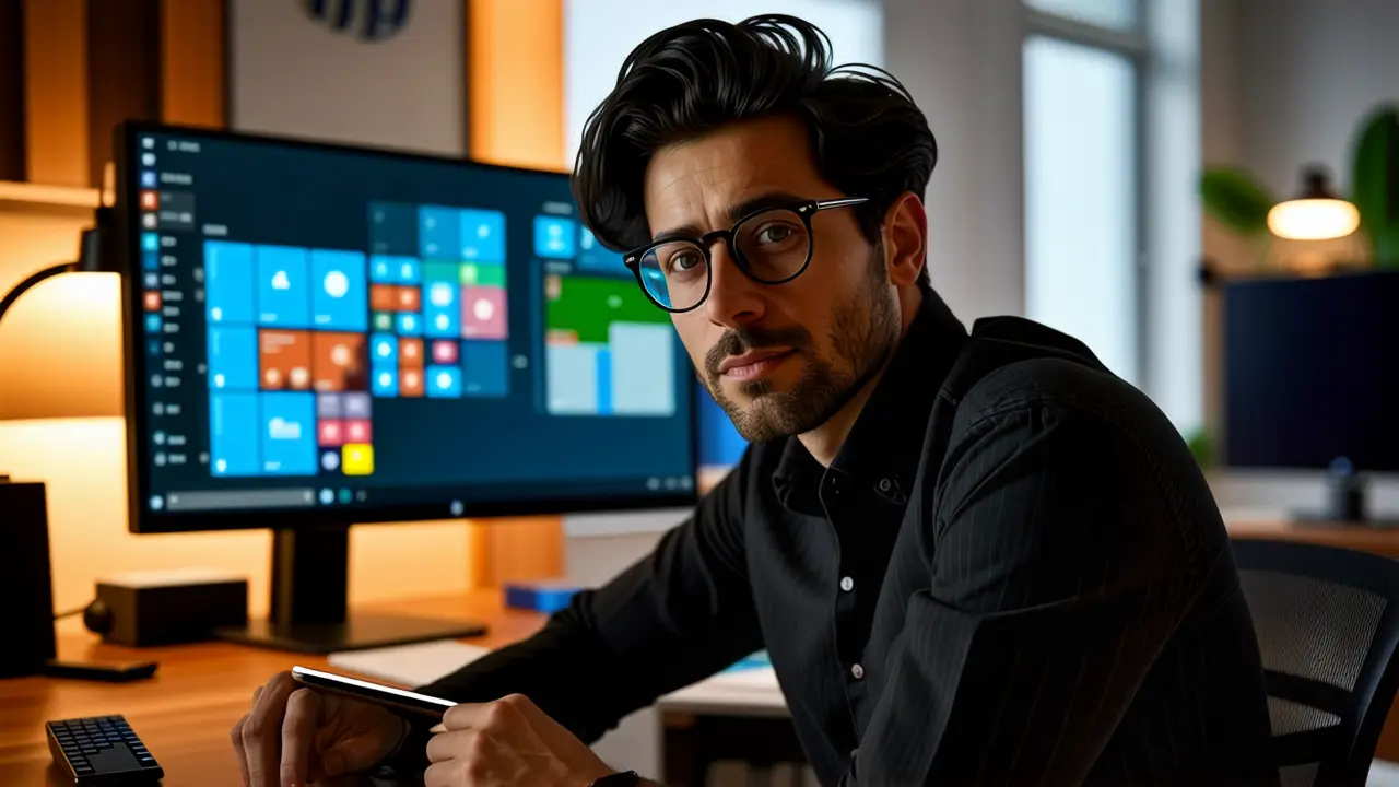 Cambiar Escritorio Windows 11: Guía Completa 5 Un hombre en estudio luce realista y concentrado