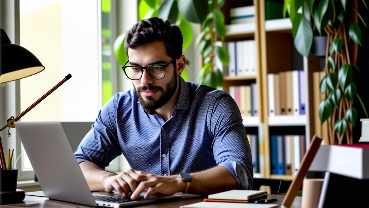Cambiar Escritorio Windows 11: Guía Completa 2 Un hombre profesional trabaja concentrado en su escritorio