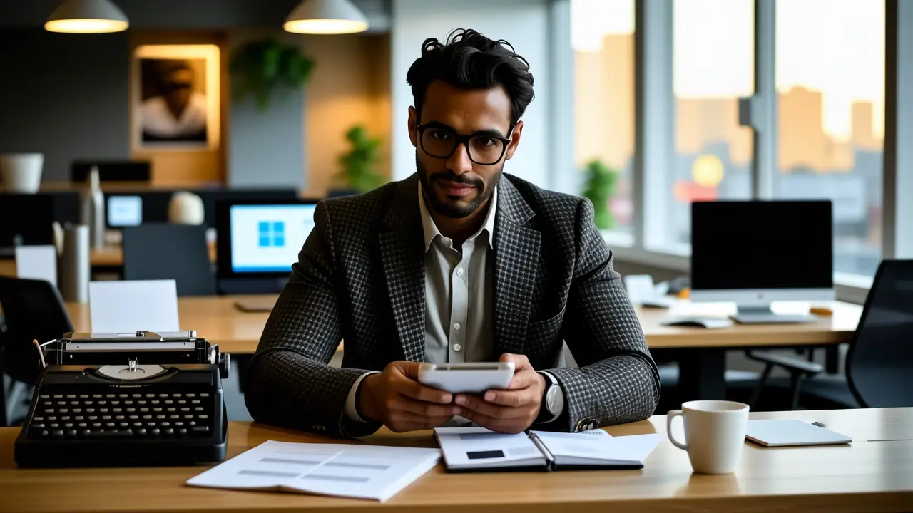 Cambiar Escritorio Windows 11: Guía Completa 3 Un hombre en oficina moderna observa la pantalla
