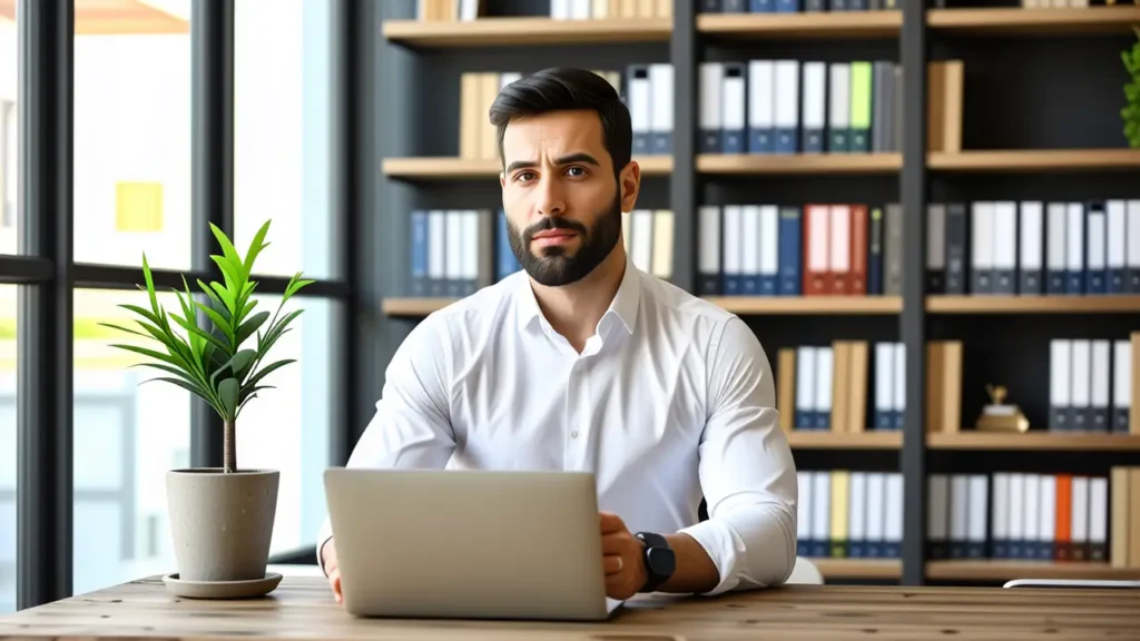 Un hombre pensativo en un estudio moderno