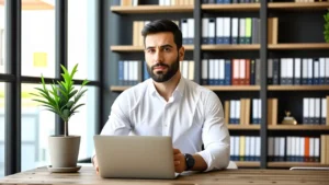 Un hombre pensativo en un estudio moderno