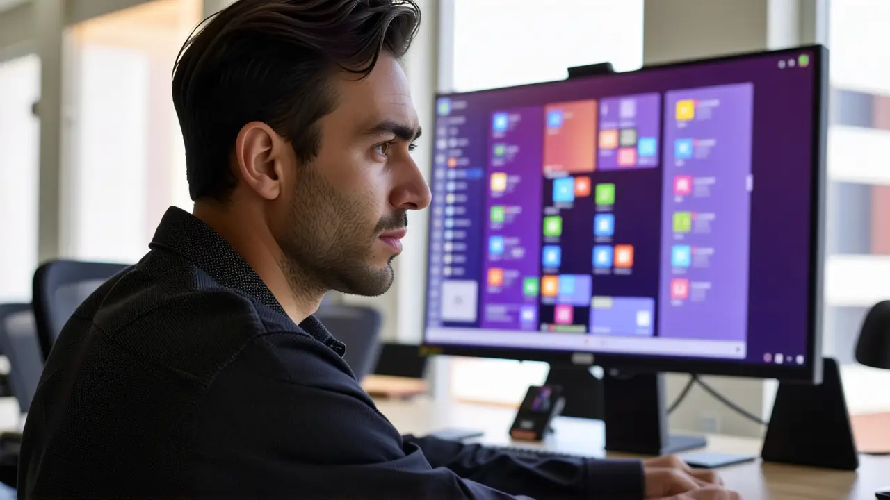 Cambiar Escritorio Windows 11: Guía Completa 4 Un hombre moderno ajusta su escritorio digital