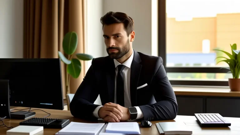 Un hombre serio trabaja en su oficina moderna