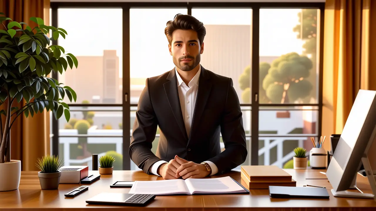 Un hombre serio en estudio luce cálido y profesional