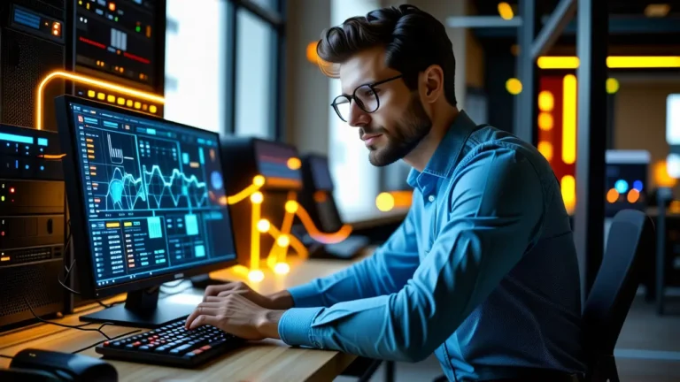 Un hombre trabaja diligentemente en red con luz