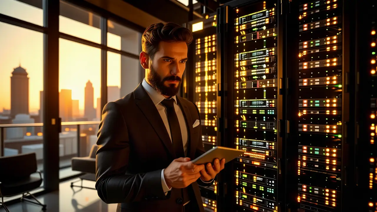 Un hombre serio examina un diagrama técnico en un entorno moderno