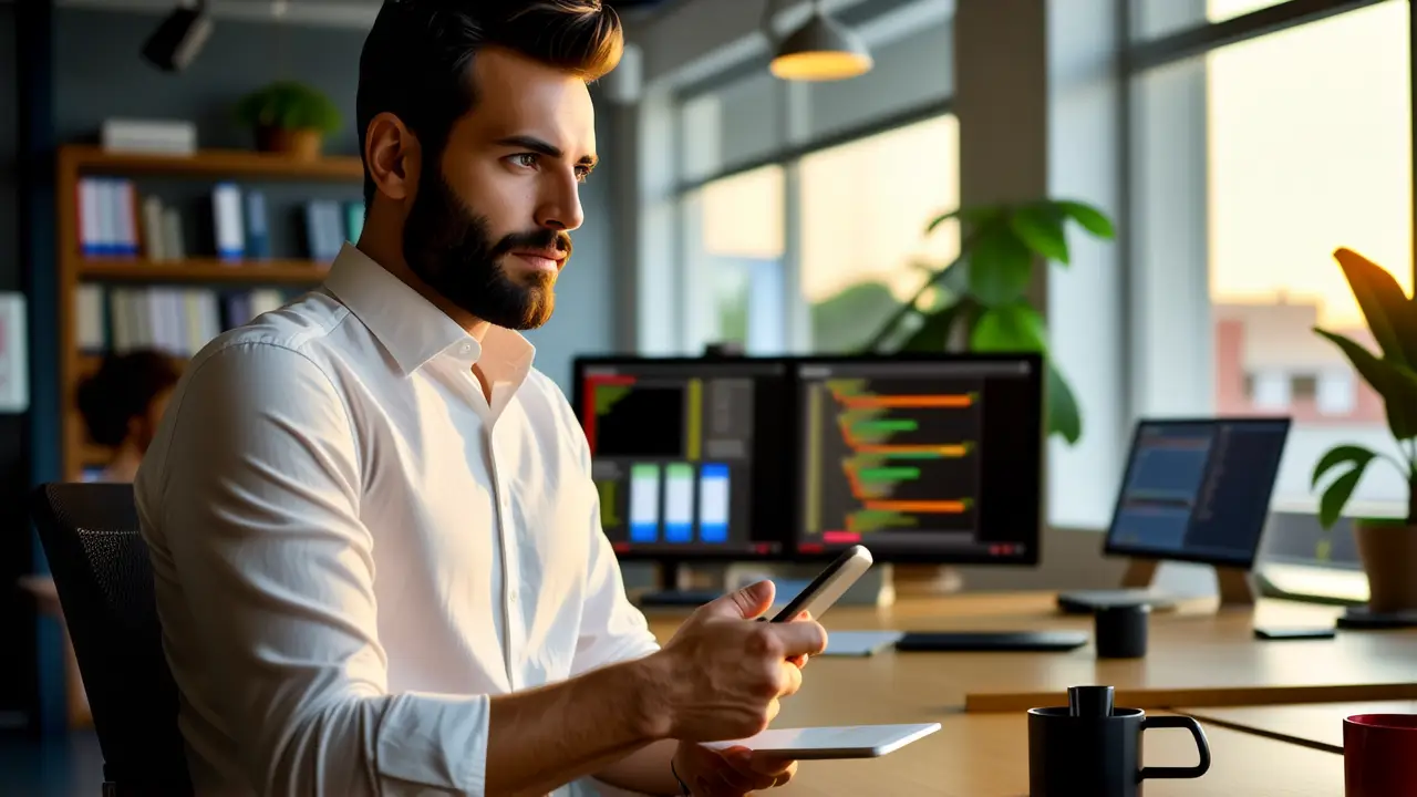 Fondo de Pantalla Bloqueado: Guía Paso a Paso Windows 10 3 Un hombre pensativo usa tablet en oficina moderna