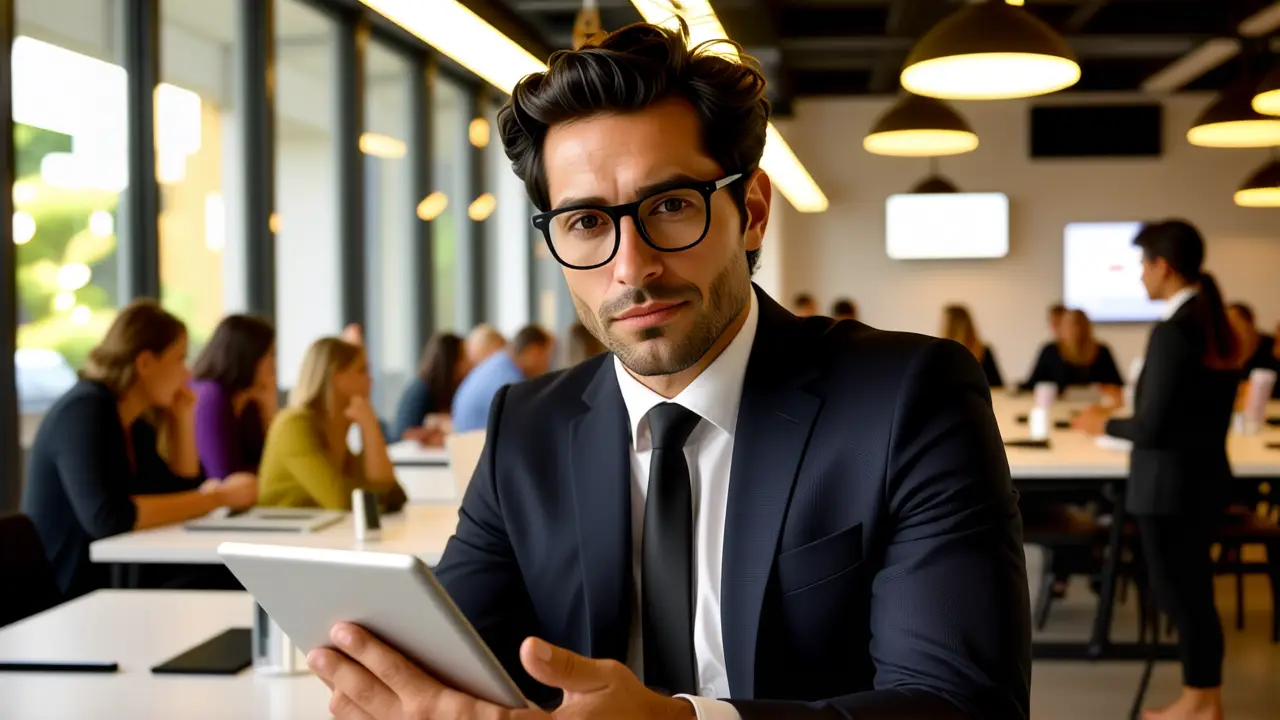 Fondo de Pantalla Bloqueado: Guía Paso a Paso Windows 10 2 Un hombre serio usa tablet en oficina