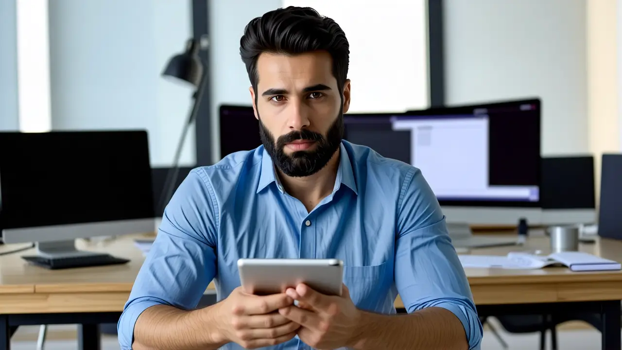 Fondo de Pantalla Bloqueado: Guía Paso a Paso Windows 10 1 Un hombre pensativo usa una tableta en luz cálida