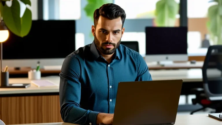 Un hombre pensativo usa un portátil en oficina