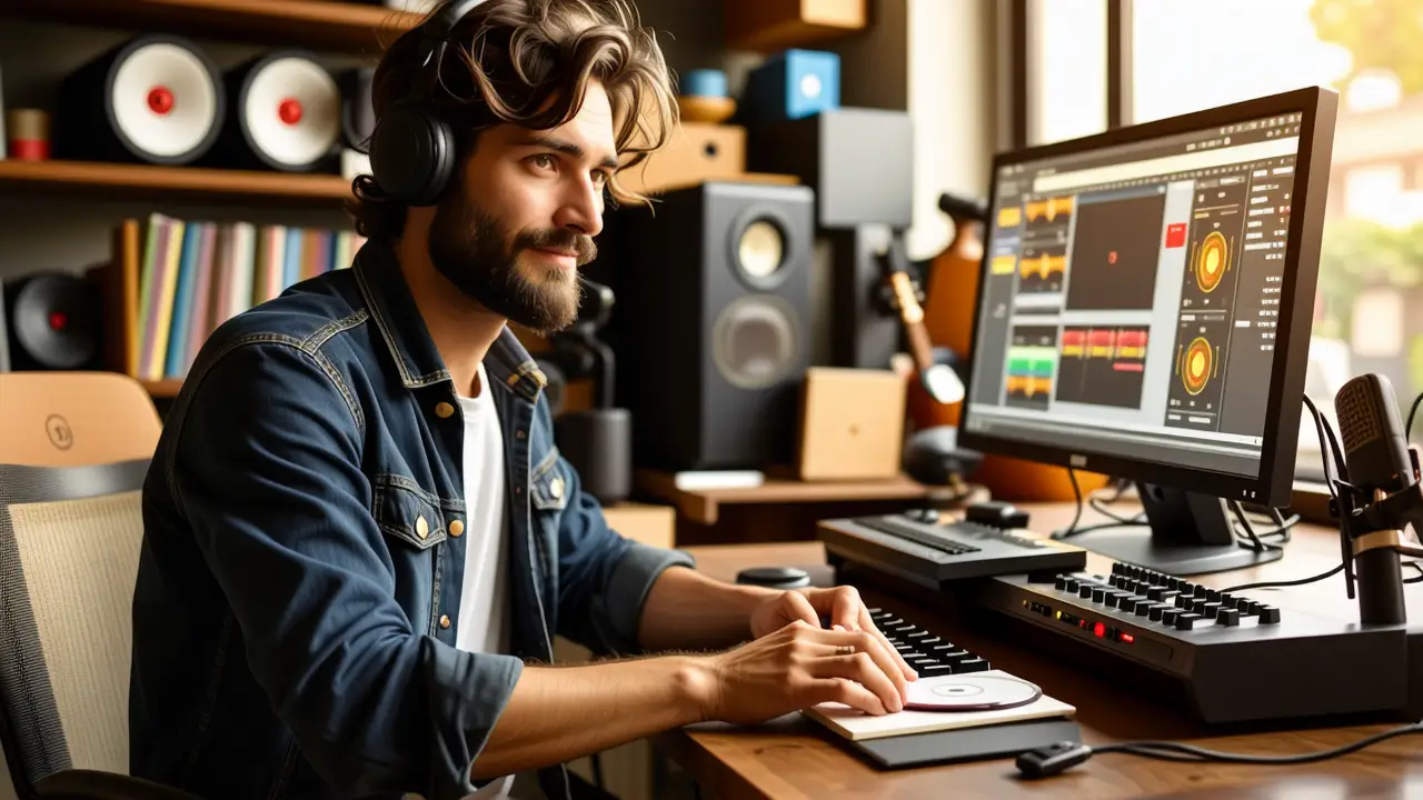 Como grabar música en un CD: Grabar CD MP3 fácil 4 Un hombre en estudio captura música con intimidad