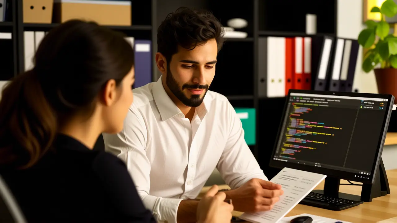 Habilitar Escritorio Remoto Windows 11: Guía Completa 3 Un hombre concentrado ayuda a una mujer con código