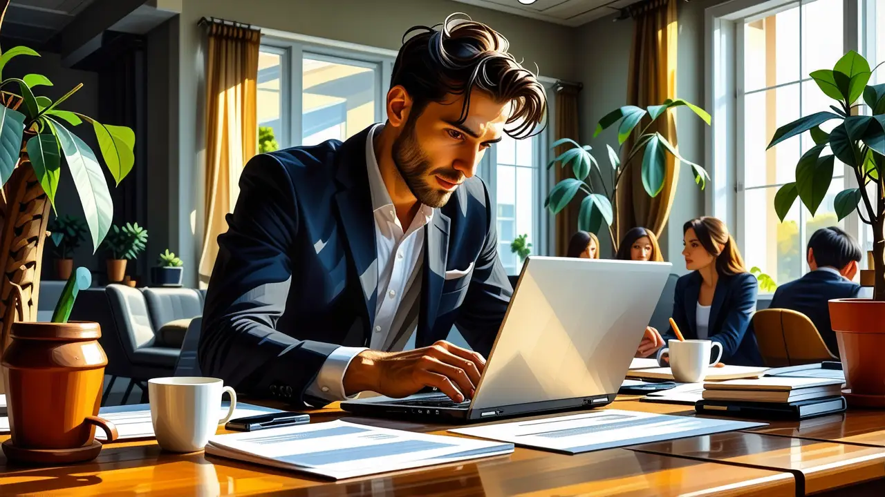 Un hombre pensativo trabaja con enlaces digitales