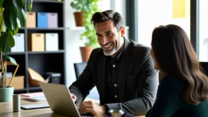 Un hombre serio colabora en un estudio moderno