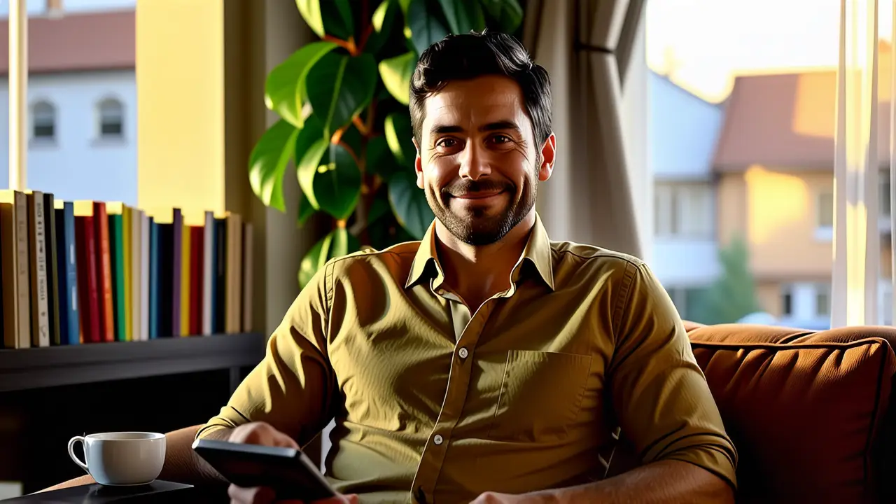 Imagenes Windows 11: Fondo Desktop Rotatorio 1 Un hombre joven sonríe en un ambiente cálido