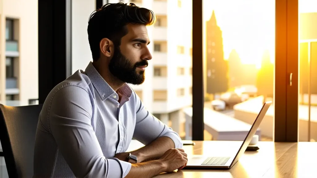 Un hombre pensativo en un estudio moderno