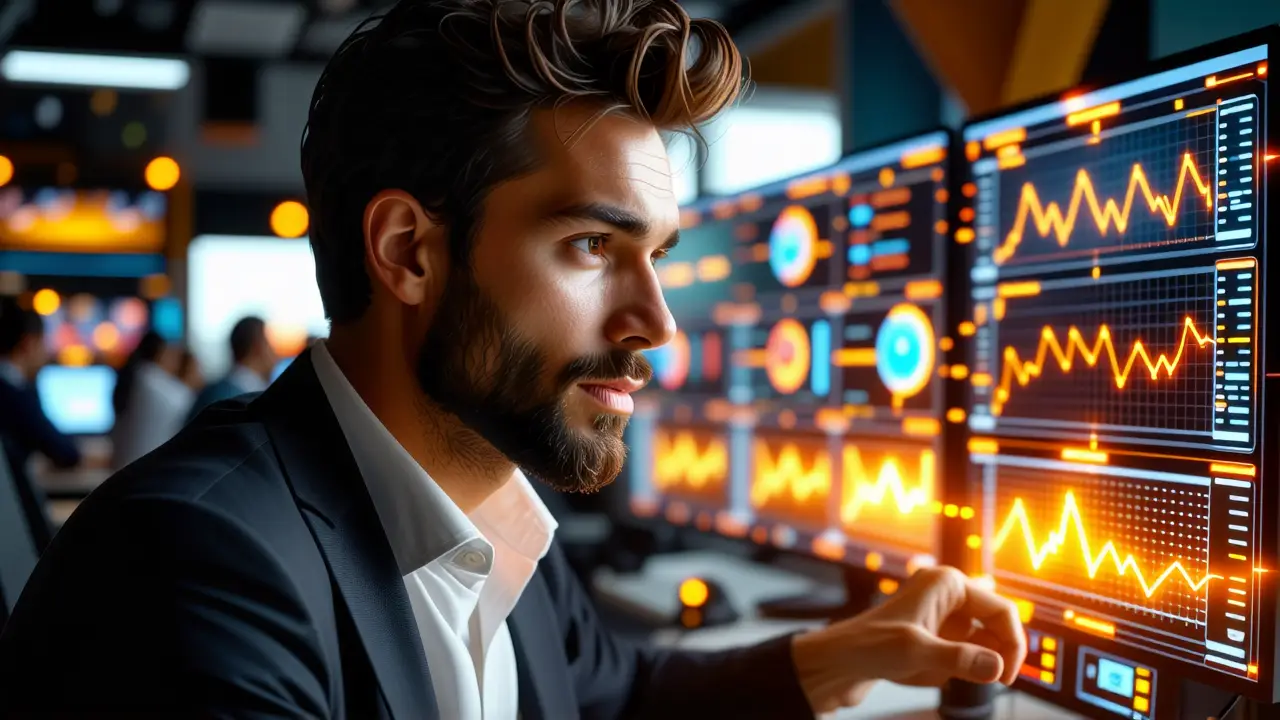 Iniciar con Windows: Automatiza el Inicio en Windows 11 3 Un hombre analiza datos en un entorno futurista