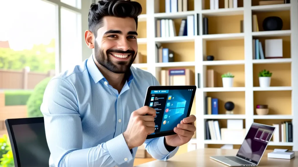 Un hombre moderno usa una tableta en casa