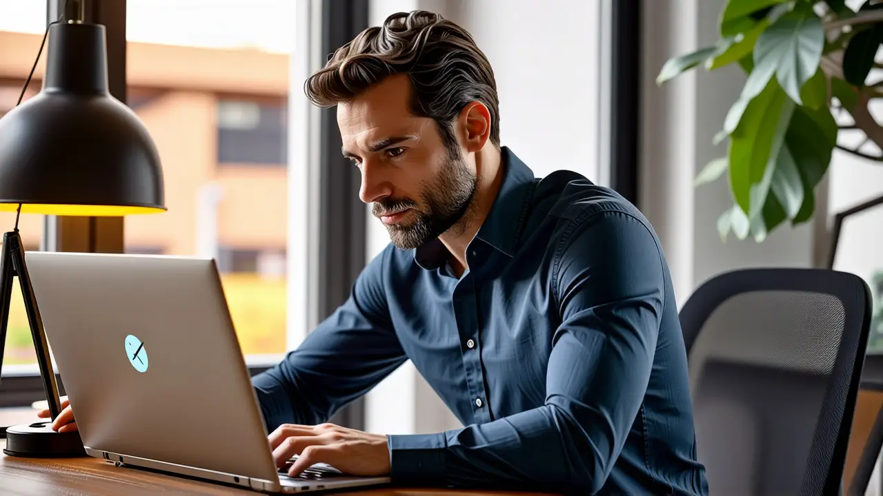 Un hombre concentrado trabaja en su portátil