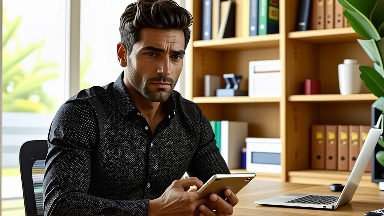 Un hombre pensativo usa tecnología en casa