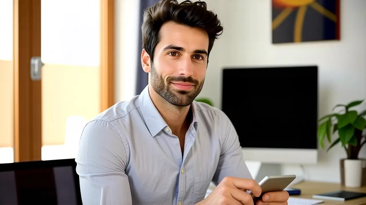 Un hombre pensativo usa una tableta en casa