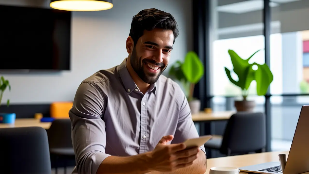 Un hombre sonríe con tablet en oficina