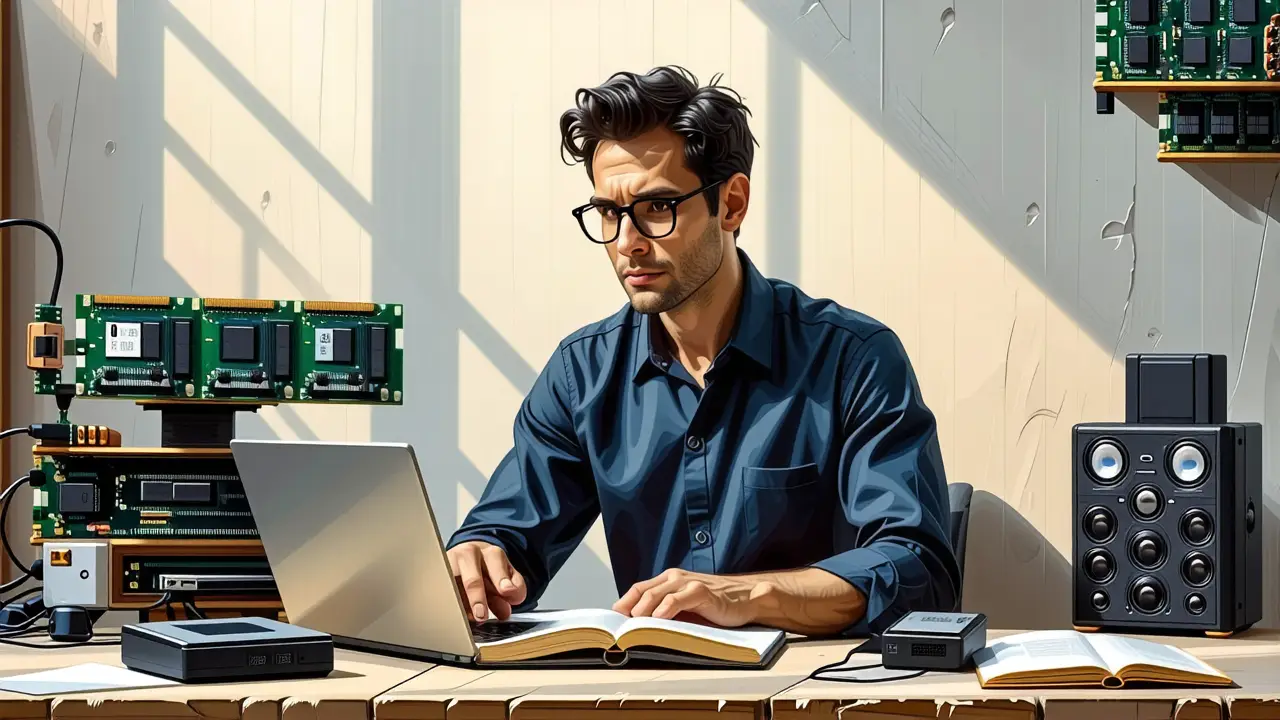 Liberador Memoria RAM: Optimiza Windows XP Fácilmente 2 Un hombre pensativo usa tecnología vintage