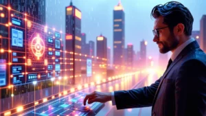 Un hombre futurista manipula tecnología en la noche