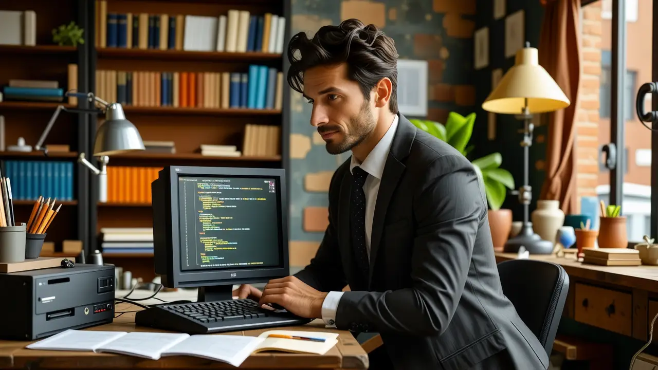 Windows NT OS: Historia y Evolución Microsoft 2 Un hombre examina un ordenador antiguo en un estudio nostálgico