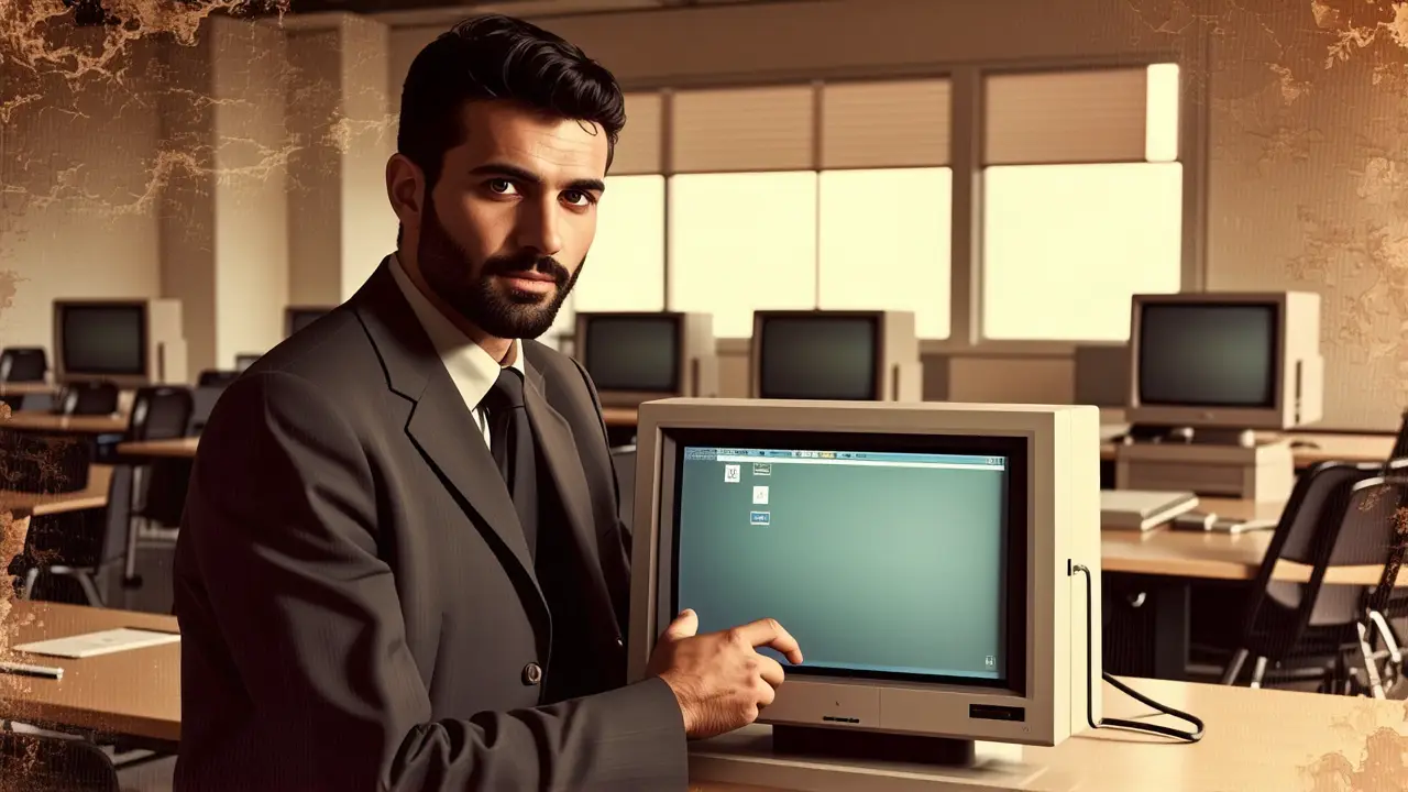 Windows NT OS: Historia y Evolución Microsoft 3 Un hombre pensativo usa una computadora antigua