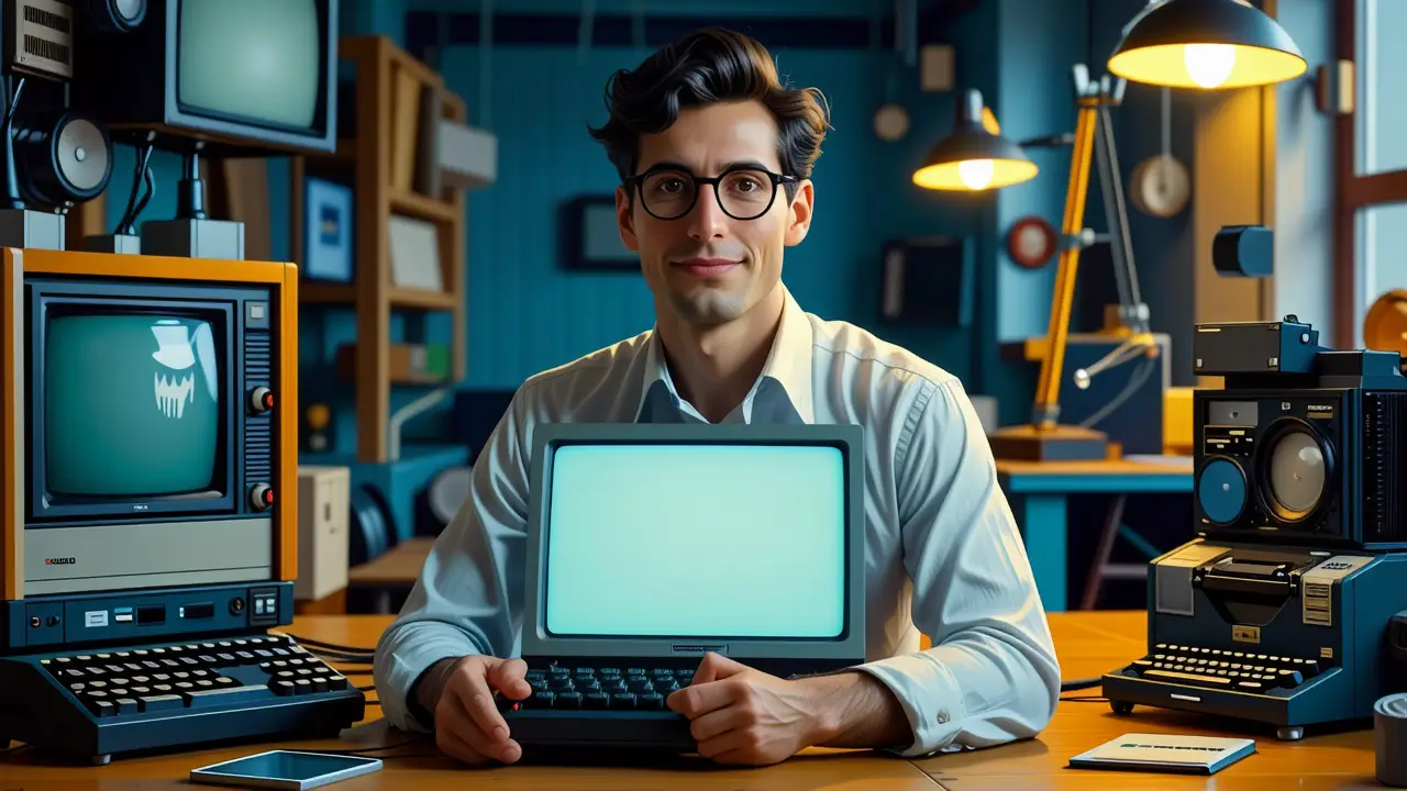 Microsoft Windows 1: Origen e Historia del Primer Sistema 3 Un hombre revisa un PC antiguo en nostalgia