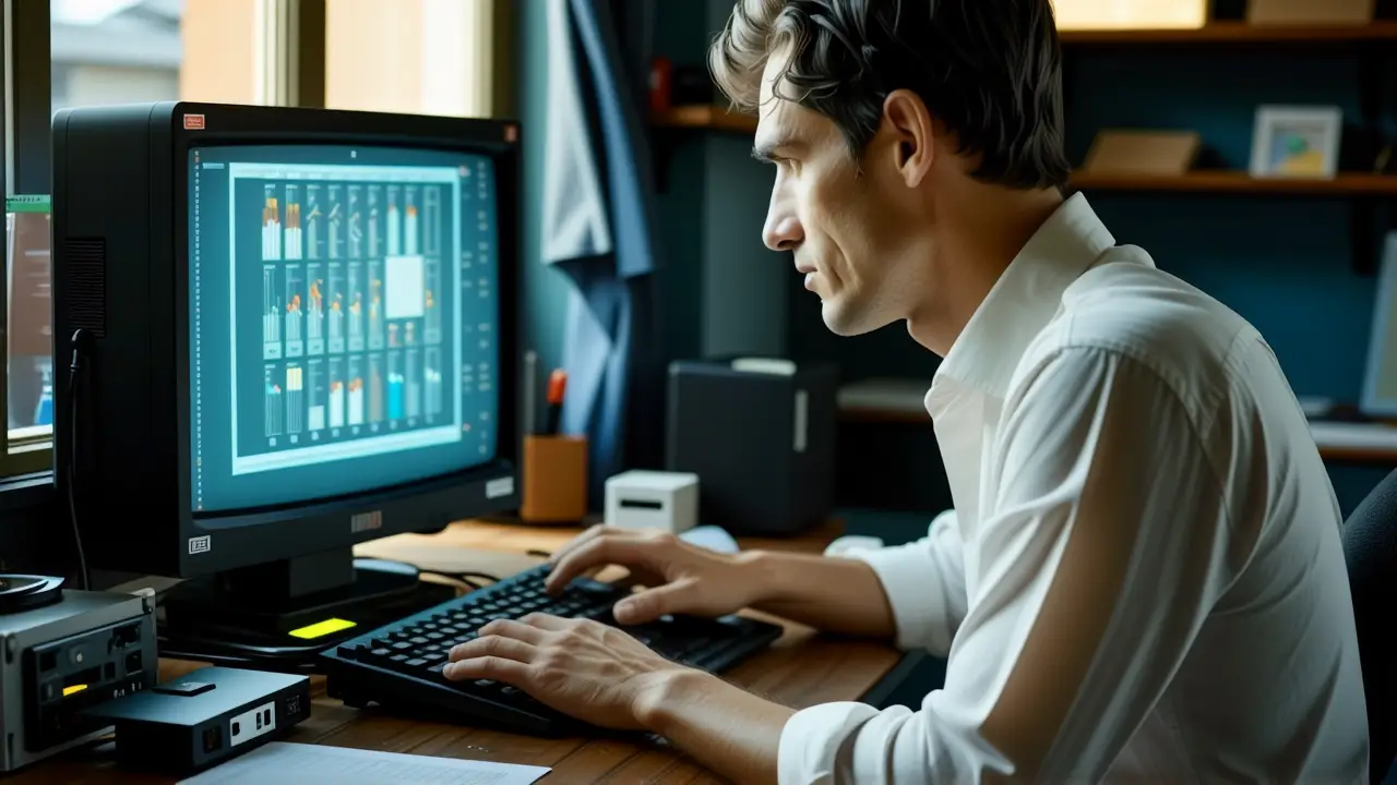Microsoft Windows 1: Origen e Historia del Primer Sistema 2 Un hombre interactúa con una computadora vintage nostálgica