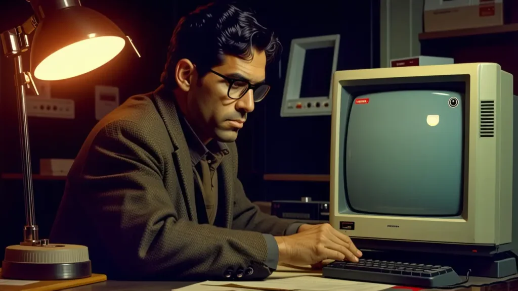 Un hombre pensativo trabaja en un estudio vintage