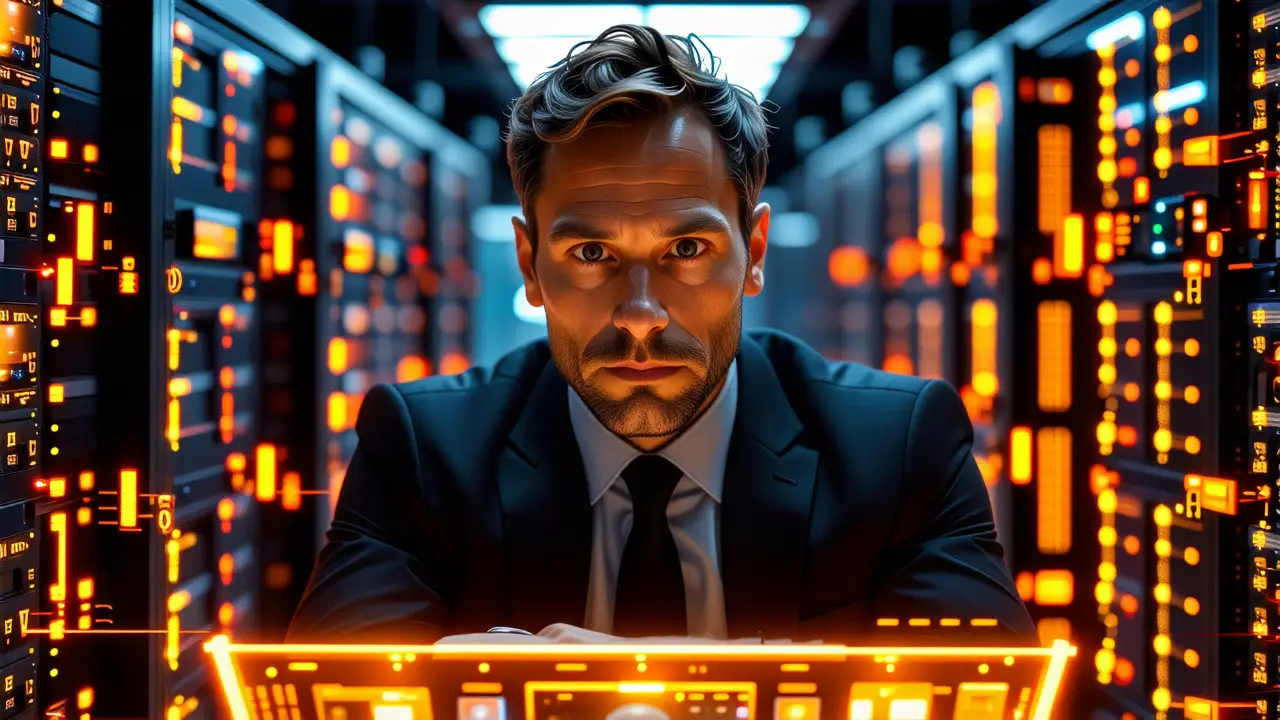 Microsoft Windows 2000: Características y Evolución 4 Un hombre serio en futuro tecnológico protege datos