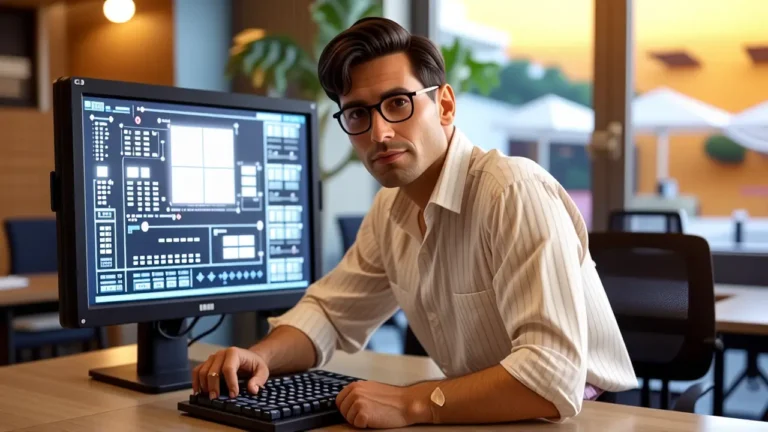 Un hombre serio usa tecnología vintage en un entorno moderno