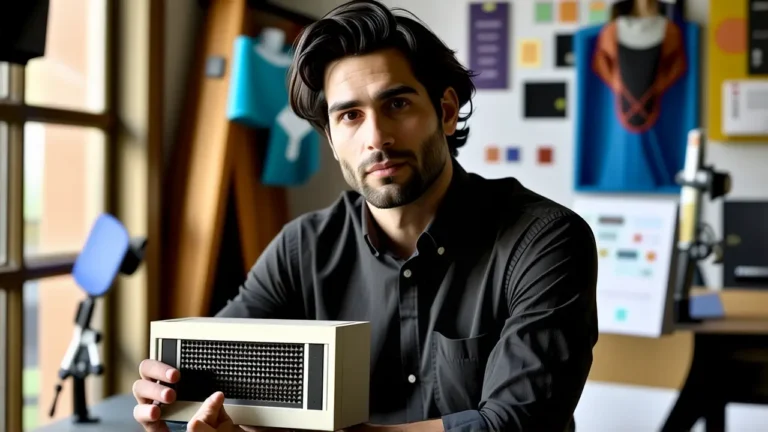 Un hombre pensativo sostiene un ordenador antiguo