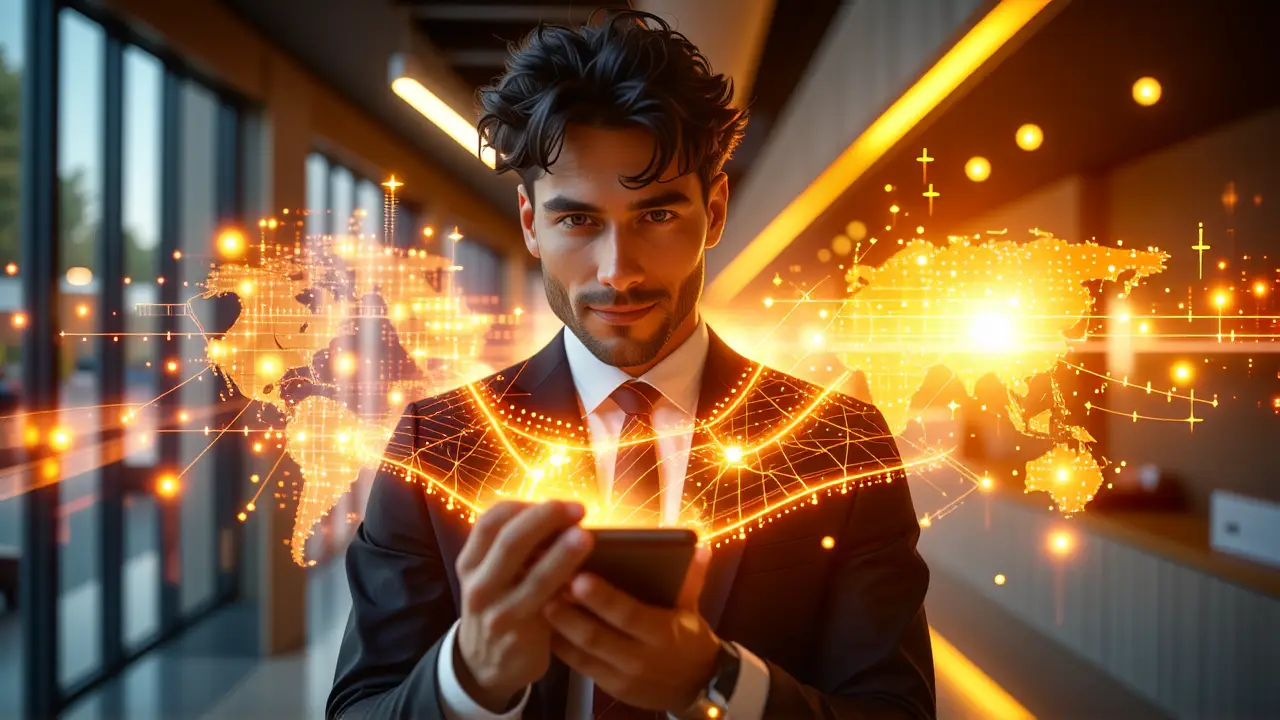 Un hombre elegante observa código futurista en luz dorada