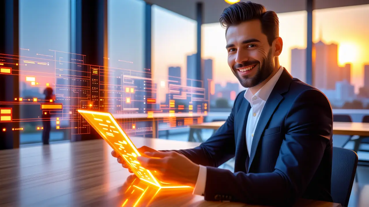 Un hombre elegante crea código futurista