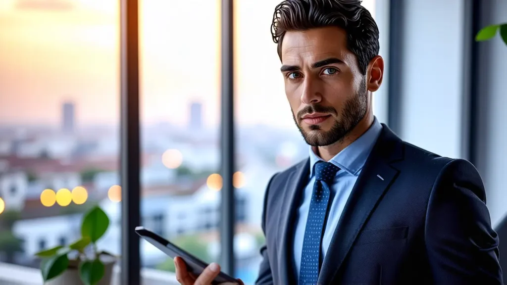 Un hombre pensativo en traje frente a la ciudad