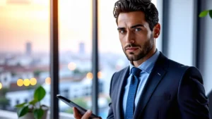 Un hombre pensativo en traje frente a la ciudad