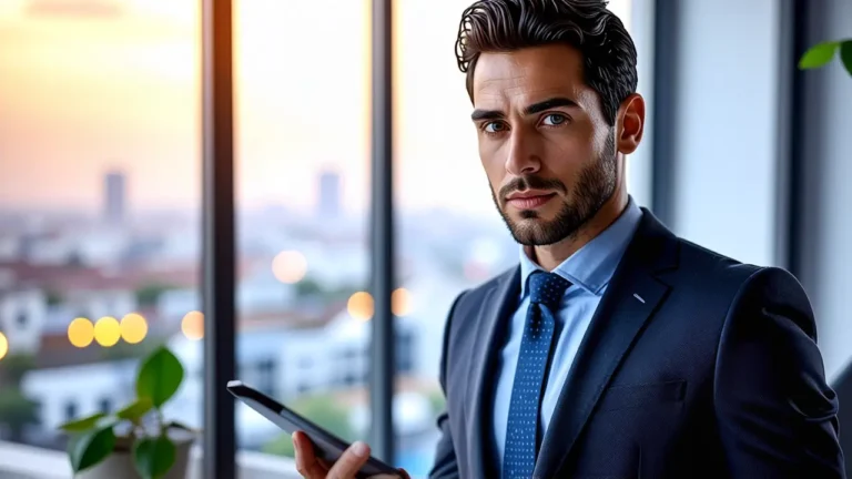 Un hombre pensativo en traje frente a la ciudad