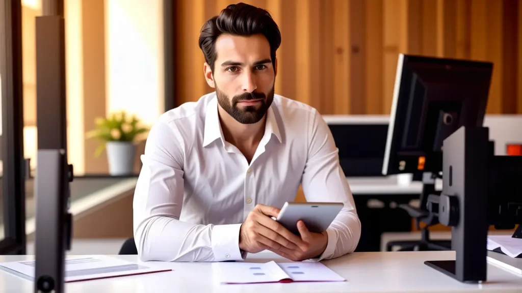 Un hombre pensativo usa tableta en estudio