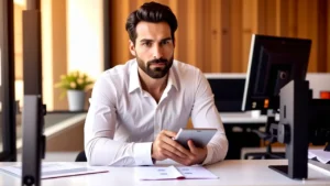 Un hombre pensativo usa tableta en estudio