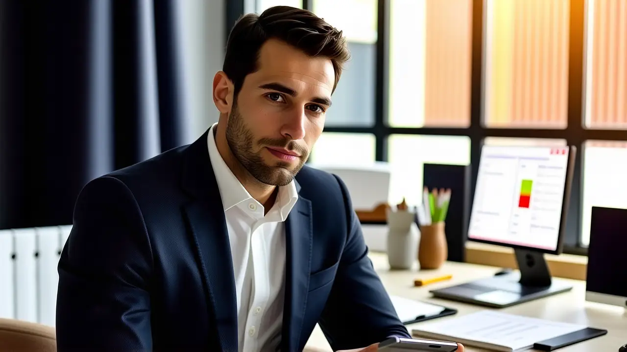 Un hombre inteligente observa su tableta en luz cálida
