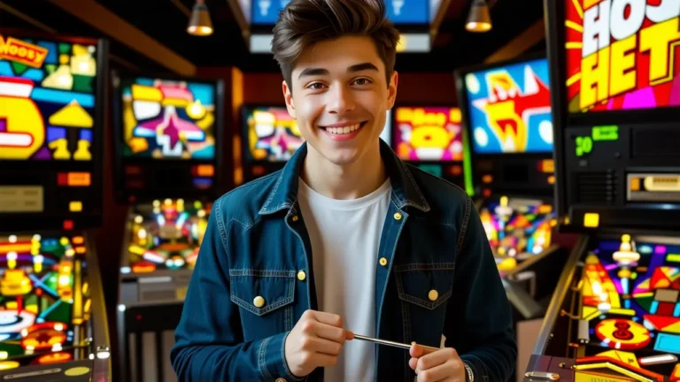 Un joven hombre disfruta pinball en un arcade nostálgico