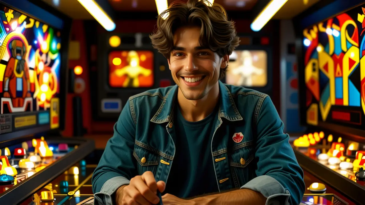 Un hombre joven disfruta videojuegos retro en arcade