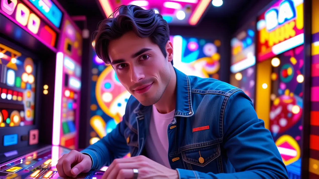 Un hombre en un salón de pinball digital