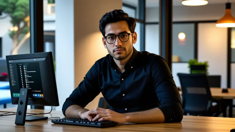 Un hombre profesional observa una pantalla digital