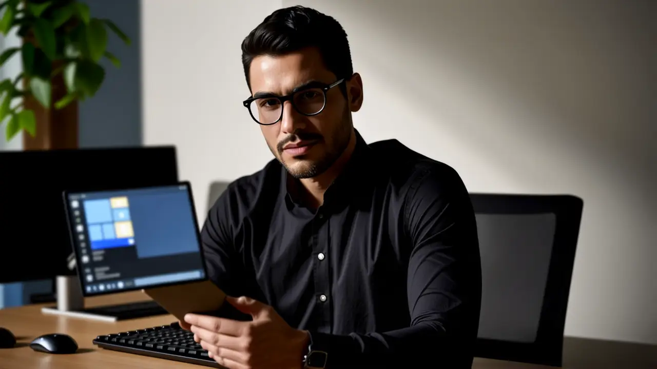 Hombre serio en oficina moderna digital